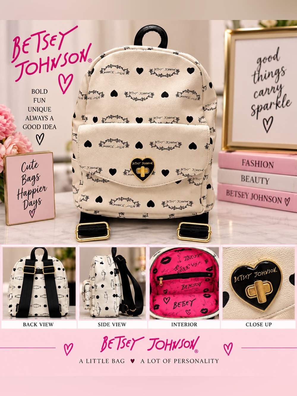 Betsey Johnson Cream and Black Heart Print Backpack
